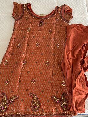 Orange gold Beaded sequins paisley Salwar churidar Set Indian Wedding Party boho